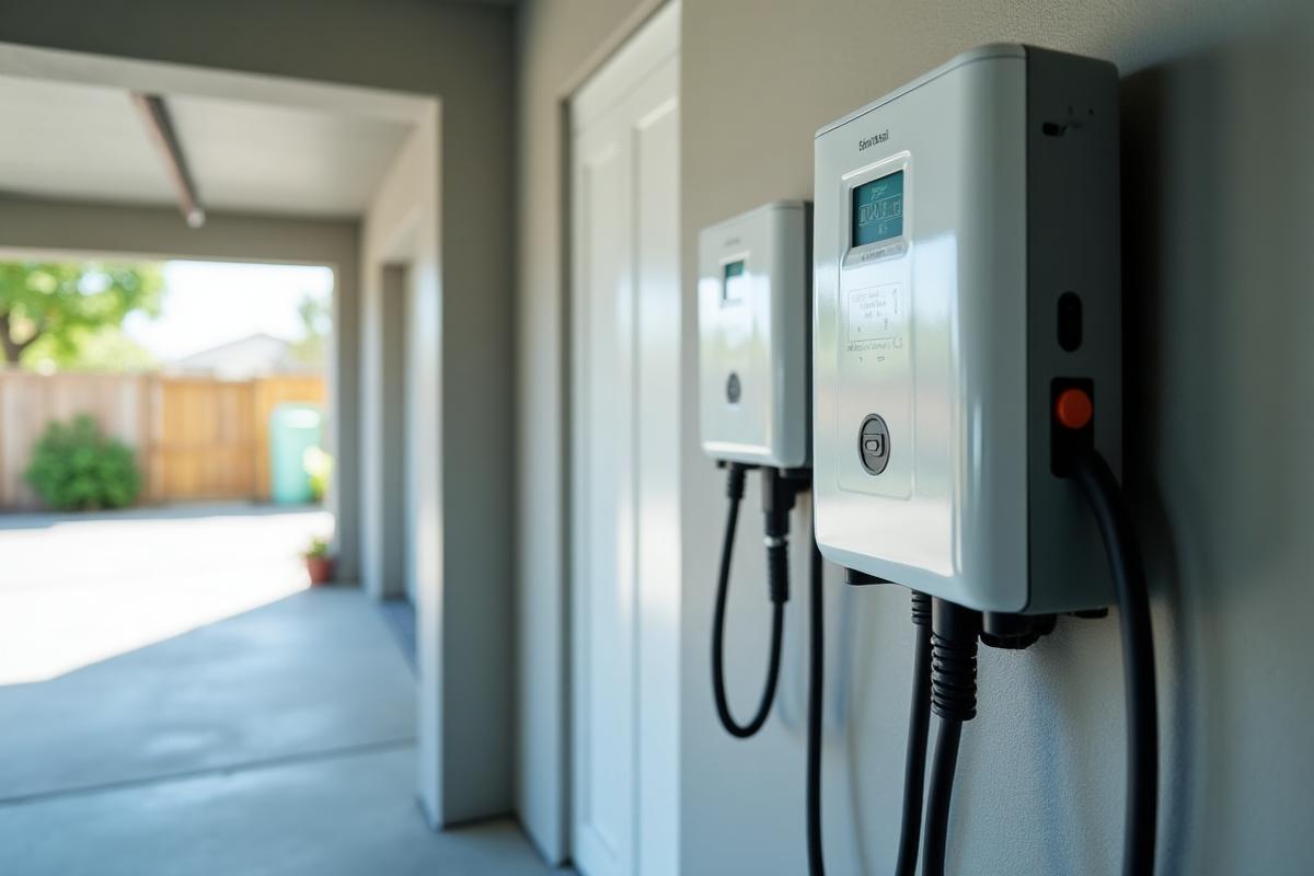 Wall-mounted Level 2 EV chargers installed on a garage wall