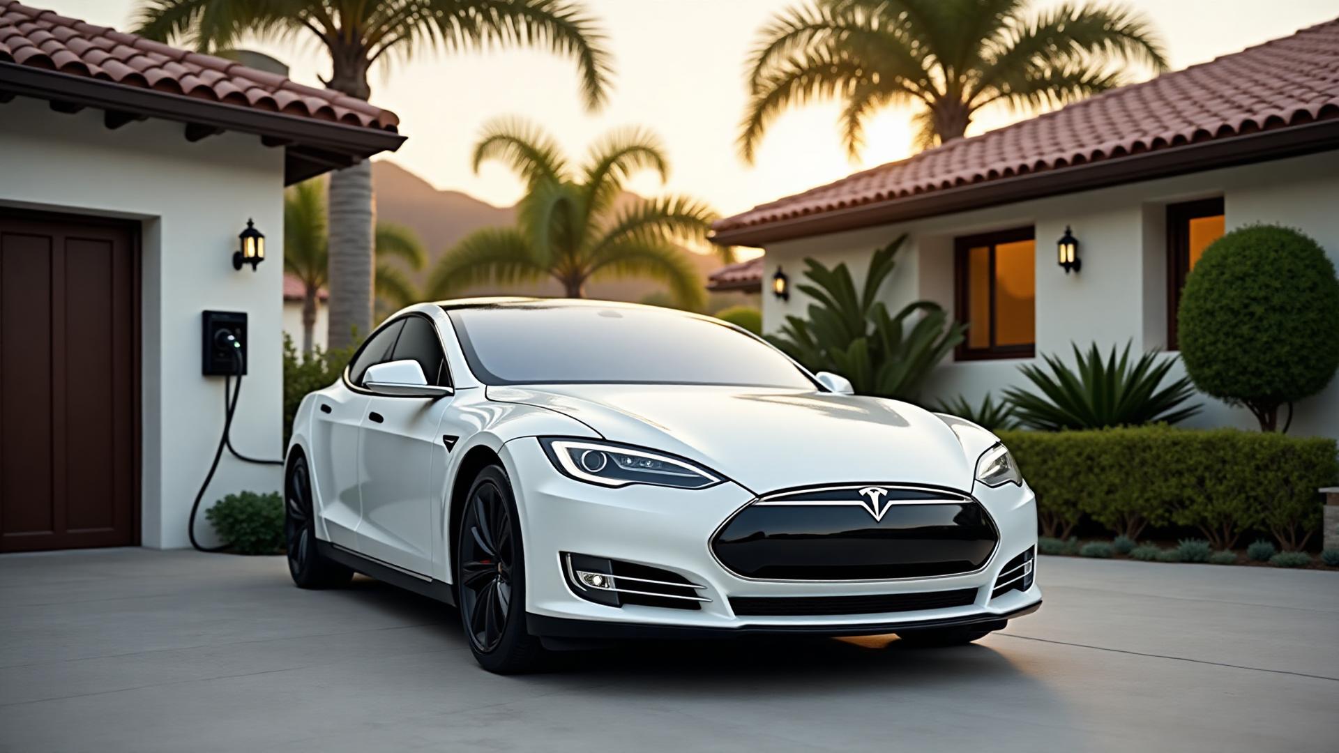Tesla charging from a wall-mounted home charger in a Southern California driveway