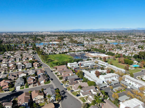 Wide aerial view of a residential neighborhood in Anaheim, where Pelican Coast Electric specializes in HOA electrical services and solar-ready panel upgrades