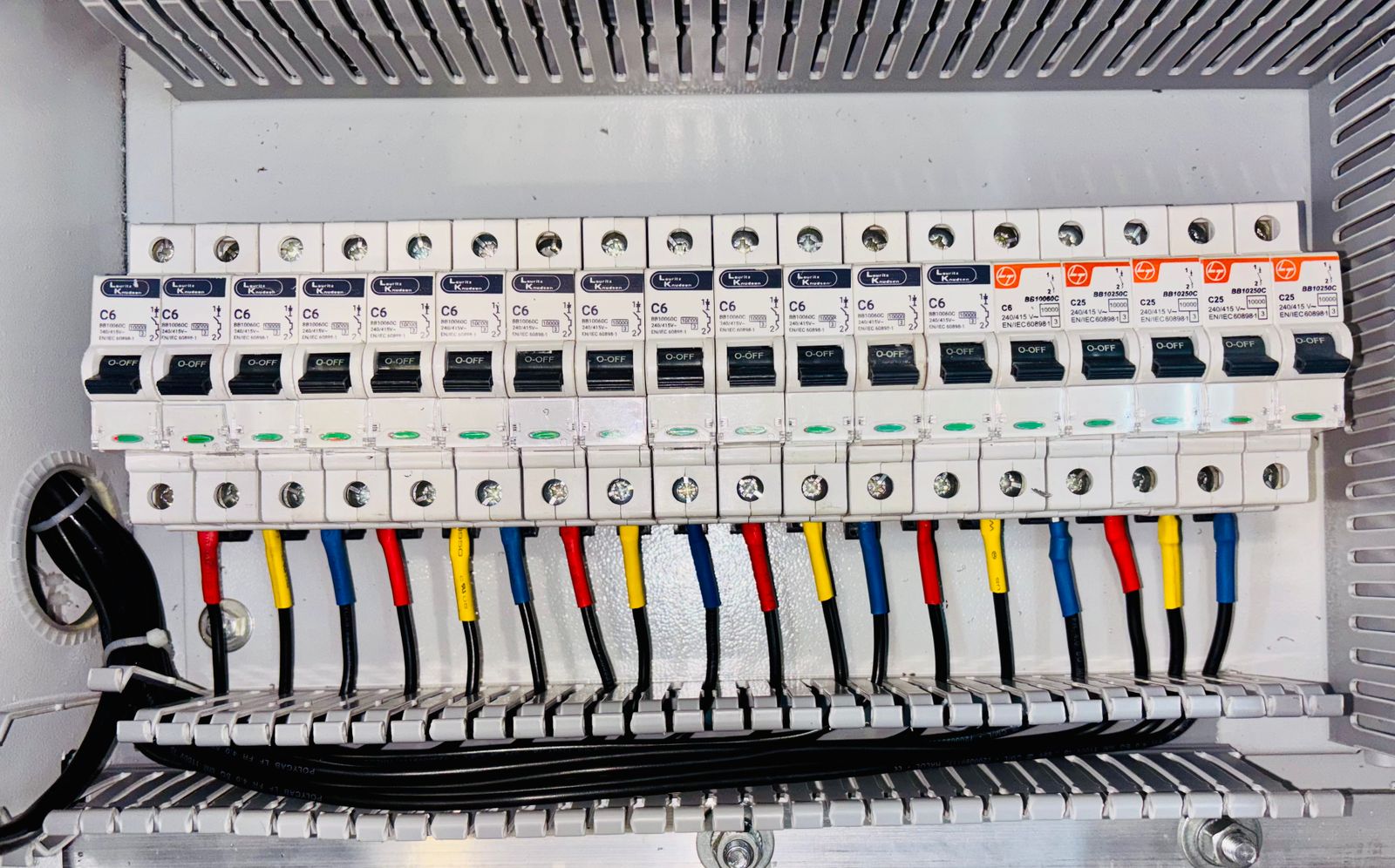 Completed commercial electrical panel installation with organized circuit breakers