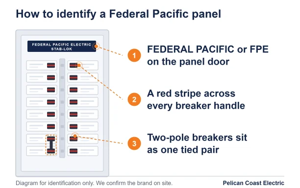 Diagram showing how to identify a Federal Pacific panel: a Federal Pacific Electric Stab-Lok nameplate, a red stripe across every breaker handle, and two-pole breakers joined as one tied pair