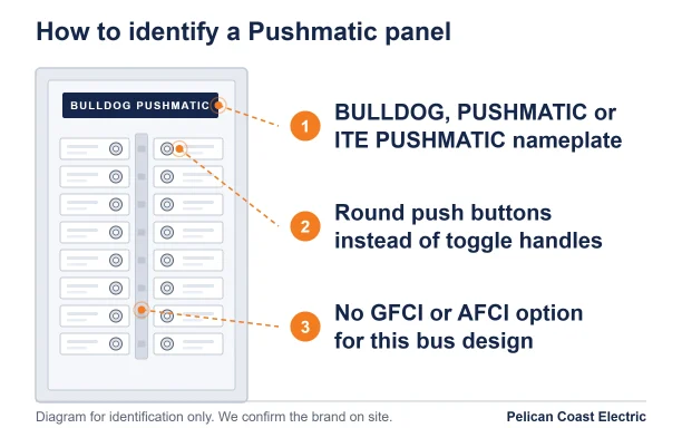 Diagram showing how to identify a Pushmatic panel: a Bulldog, Pushmatic or ITE Pushmatic nameplate, round push buttons instead of toggle handles, and no GFCI or AFCI option for this bus design